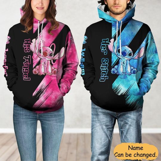 Custom Disney Stitch And Angel Couple Hoodie, Her Stitch His Angel Matching Shirt, Lilo And Stitch, Couples Outfits, Valentine Day Gift