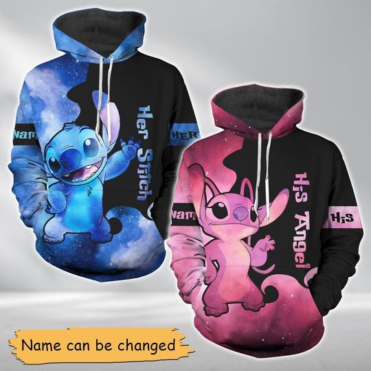 Her Stitch His Angel Hoodie, Custom Disney Couple Hoodie, His And Her Valentine Hoodie, Lilo And Stitch Hoodie, Disney Honeymoon Gift