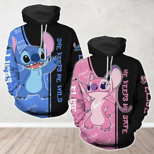 Custom Stitch And Angel Couple Hoodie, Disney Lilo Stitch Shirt, She Keeps Me Wild He Keeps Me Safe Matching Hoodie, Valentine Day Gift
