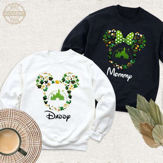 Disney Mommy Daddy Lucky Saint Patricks Day Sweatshirt, Four Leaf Clovers Love  Long Sleeve Tee, Green Shamrock Shirt