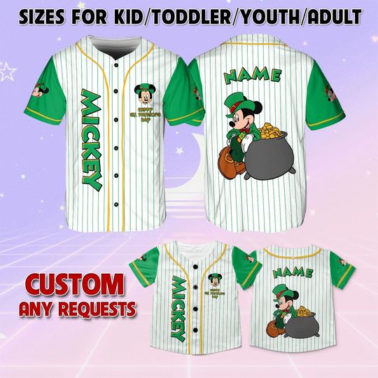 Mickey And Friends Mickey Green Day Irish Jersey, Disney Mickey And Co Patrick's Day Jersey, Mickey Lucky Shirt, Mickey Green Striped Jersey