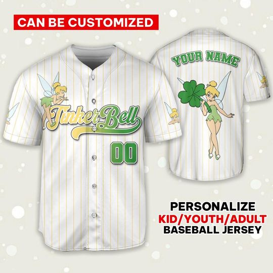 Custom St. Patricks Day Disney Tinker Bell Cute Jersey Baseball, Disney Patrick, St. Patrick's Day, Happy Patty Day , Disneyland Jersey