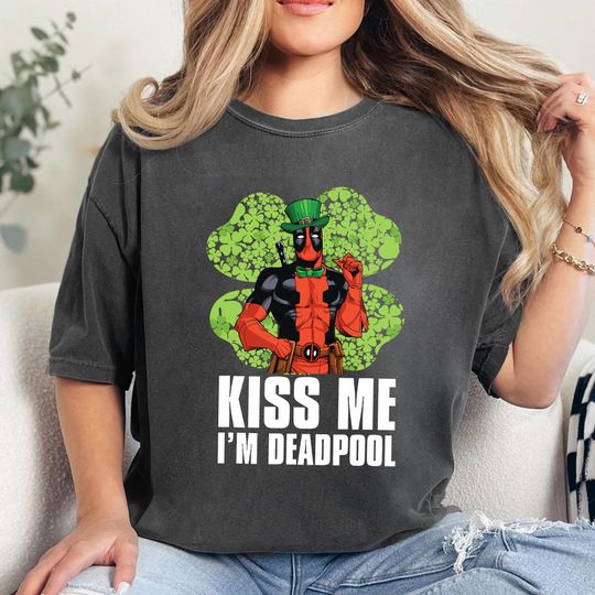 Marvel Kiss Me I'm Deadpool Shamrock St. Patrick's Day Shirt, Marvel Saint Patricks Day Shirt, Deadpool Irish Clover Shirt