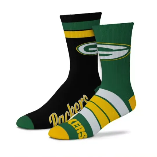 Green Bay Packers football Duo 2 Pack Pair Team Colors Large Mens Crew Socks Fan Gift