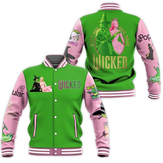 Wicked Movie Baseball Jacket, The Wizard Of Oz College Jacket, Elphaba And Glinda Baseball Jacket