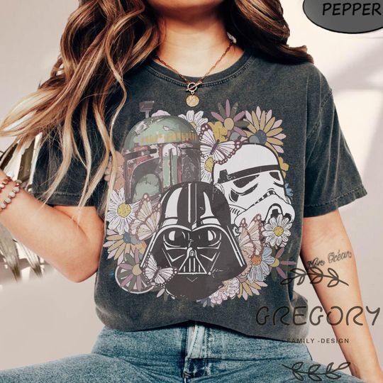 Vintage Floral Star War Comfort Color Shirt, Star War Floral Shirt, Darth Vader, Stormtrooper, Boba Fett Shirt, Star War Tee