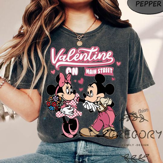 Disney Valentine On Main Street Comfort Colors Shirt, Disneyland Valentine Shirt, Retro Disney Couple Shirt, Valentine Gift Shirt