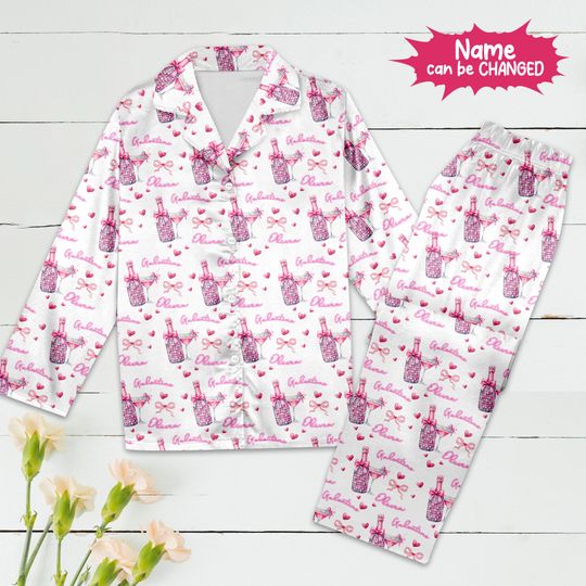 Personalized Galentine Day Girly Pink Wine Bottle And Glass Pajamas, Customized Drink Party Pajamas Set, Valentine Gift,Funny Alcoholic Gift