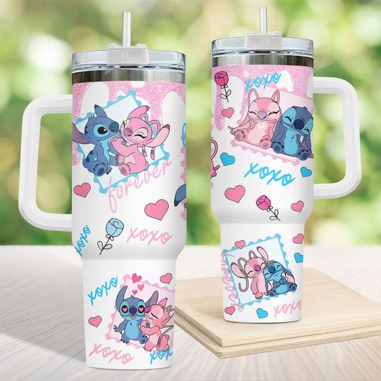 Stitch And Angel Valentine Tumbler 40 oz, Disney Couple Tumbler With Straw, Disney Valentine's Day Gift, Best Couple Gift For Him And Her