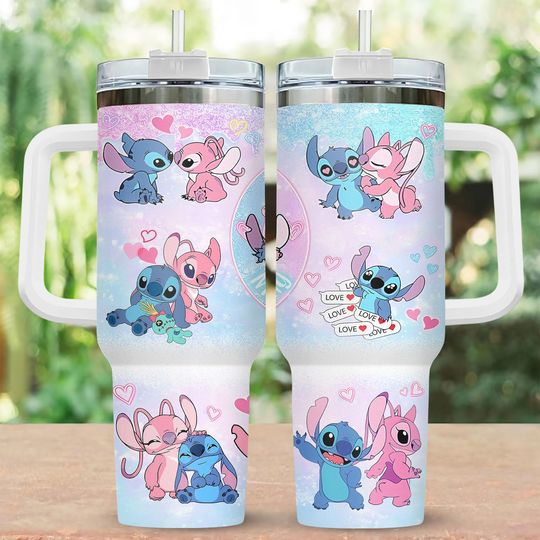 Stitch & Angel Valentine Tumbler 40oz, Disney Couple Tumbler Cup, Disney Stitch Tumbler With Straw, Best Couple Gift For Him And Her