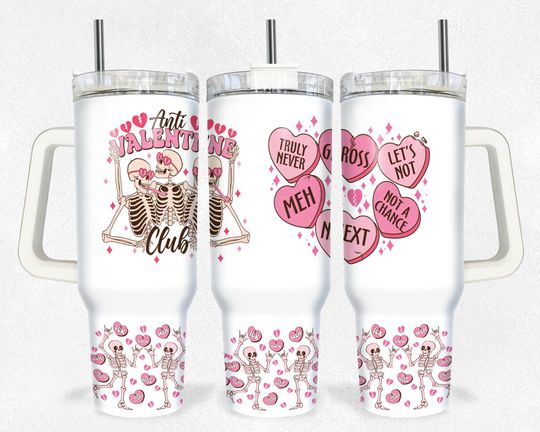 Anti Valentine Skellies And Hearts 40 oz Tumbler Custom Tumbler With Handle, Valentine Friends Gift, Skeleton Couple Tumbler Cup