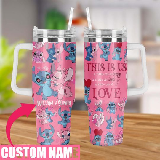 Stitch And Angel Valentine 40Oz Tumbler, Disney Couple Stainless Tumbler, Disney Valentine Tumbler With Straw, Stitch Best Couple Gift