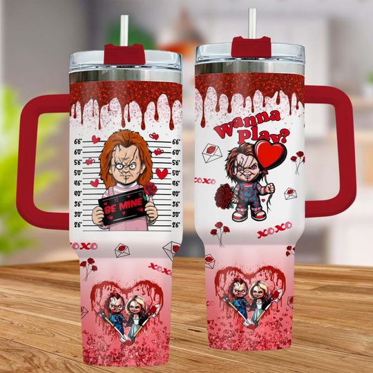 Chucky And Tiffany 40 oz Tumbler, Horror Couple Stainless Tumbler, Bride Of Chucky Tumbler With Straw, Valentine Gift For Her Him