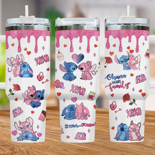 Stitch And Angel Tumbler 40oz, Stitch Valentine Stainless Tumbler, Disney Couple Tumbler Cup, Xoxo Tumbler For Women