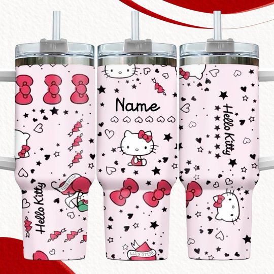 Custom Hello Kitty Tumbler Cup, Kawaii Kitty Stainless Tumbler, Hello Kitty 40oz Tumbler, Pink Bow Cat Steel Tumbler, Valentine Gift