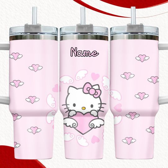 Custom Hello Kitty 40oz Tumbler, Cute Kitty Stainless Tumbler, Love Kitty Tumbler Cup, Pink Cat Lover Tumbler Women, Valentine Gift
