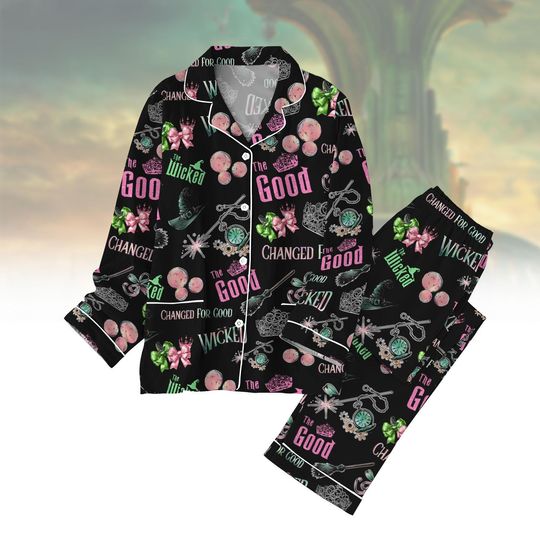 Wicked Pajamas Set, Changed For Good Women Pajamas, Green And Pink Witch Pajamas For Party, Defy Gravity Pjs, Wizard Fan Merch