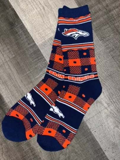 DENVER BRONCOS football FOOTBALL THICK LOGO PLAID DOTS CREW LENGTH SOCKS LARGE
