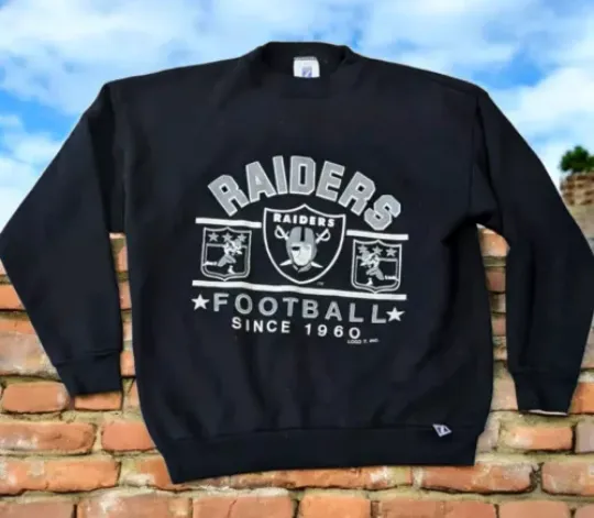 Vintage 90s football Raiders LOGO 7 Black Sweat Shirt Crewneck Size Large Made In USA