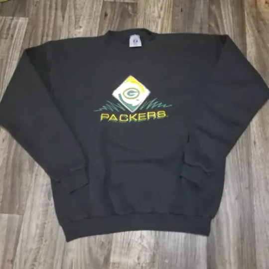 Vtg Green Bay Packers Sweatshirt Mens Black Logo 7 Crewneck Fleece 90s Medium