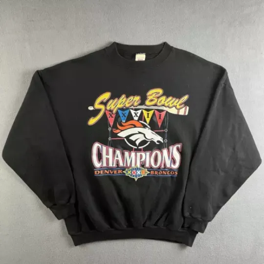 Vintage Denver Broncos Sweater Mens XL Black Logo 7 football Crewneck Sweatshirt 90s