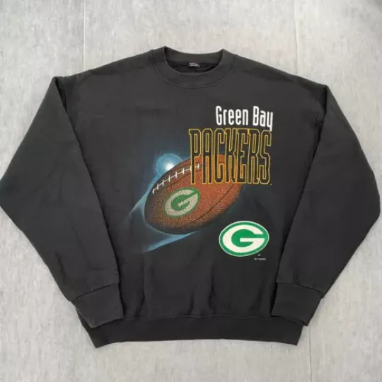 VINTAGE Green Bay Packers Sweater Adult Medium Black Big Graphic Logo Mens M 90s