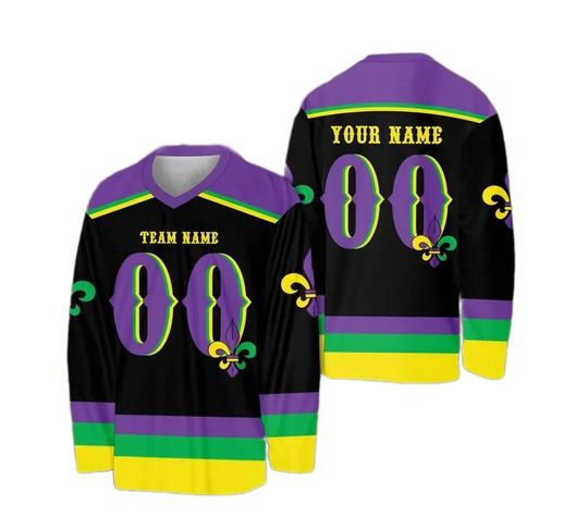 Personalized Mardi Gras Ice Hockey Jersey, Custom Fleur De Lis Hockey Shirt, Mardi Gras Carnival Hockey Team Jersey Sports Uniform For Fans