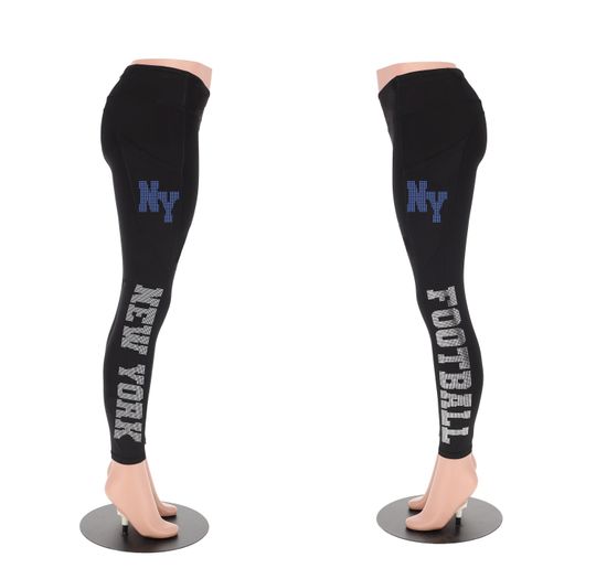 New York Football NYG Leggings, Rhinestone Leggings, Stretch Pants, Football Style Women's Sports Leggings, Cute Yoga Pants for Game Day