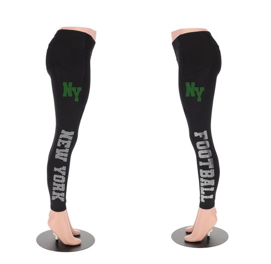 New York Football NYJ Leggings, Rhinestone Leggings, Stretch Pants, Ladies Football Style Sports Leggings, Cute Yoga Pants for Game Day