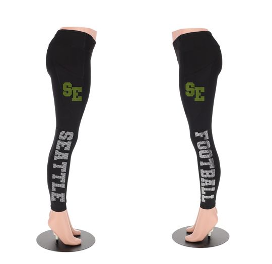 Seattle Football Leggings, Rhinestone Leggings, Ladies Football Style Sports Leggings, Women's Trendy Gameday Leggings