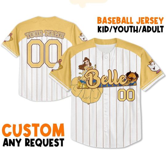 Custom Disney Princess Belle Beauty and the Beast Baseball Jersey, Disney Baseball Jersey