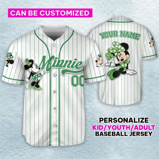 Custom Disney Minnie Mouse Baseball Jersey, Custom Disney Saint-Patrick's Day Baseball Jersey