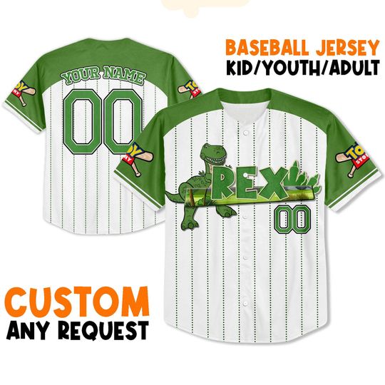 Custom Toy Story Rex Green Baseball Jersey, Disney Baseball Jersey Sports, Cute Disney Baseball Jersey