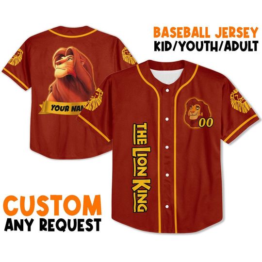 Personalize Simba Red Yellow Baseball Jersey, Disney Baseball Jersey Sports, Cute Gifts For Fans Disney