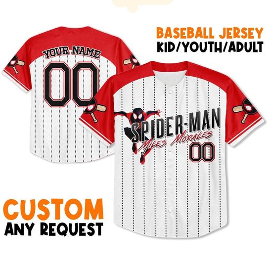 Custom Spiderman Miles Morales Red Amazing Baseball Jersey, Custom Super Disney Baseball Jersey