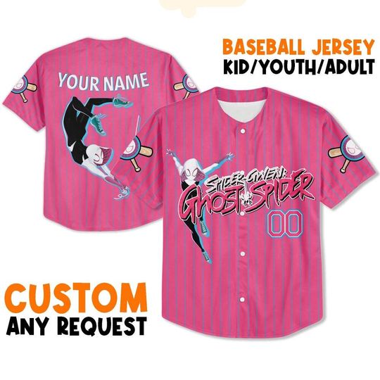 Custom Spiderman Gwen Pink Baseball Jersey, Custom Disney Baseball Jersey, Disney Birthday Gift