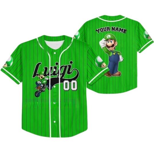 Personalize Luigi Jersey Green White, Custom Super Mario Baseball Jersey, Family Uniform Movie Game Jersey, Gift For Fans