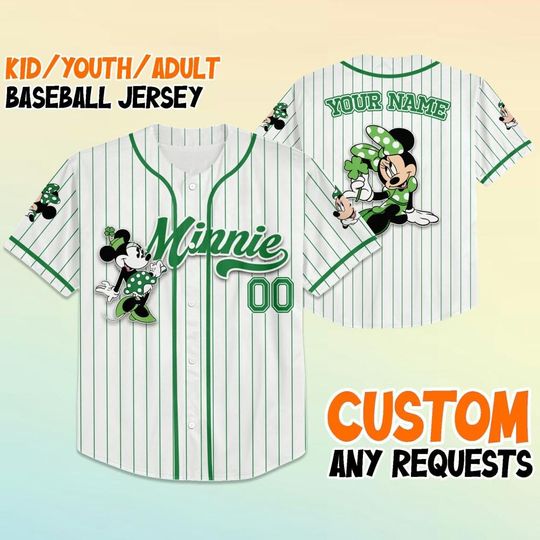 Discover Personalized Disney Minnie Mouse Baseball Jersey, Custom Disney Saint-Patrick's Day Jersey, Disney Baseball Team Outfit