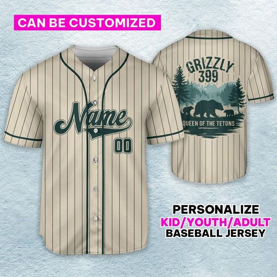 Personalize Queen Of The Tetons Grizzly 399 Retro Baseball Jersey, National Park Famous Grizzly 399 Cub Mom Jersey, National Park Grizzly
