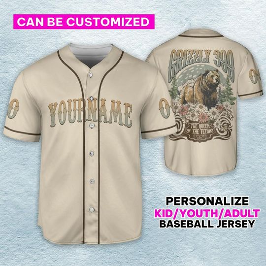 Personalize Queen Of The Tetons Grizzly 399 Sand Baseball Jersey, National Park Famous Grizzly 399 Cub Mom Jersey, National Park Grizzly 399