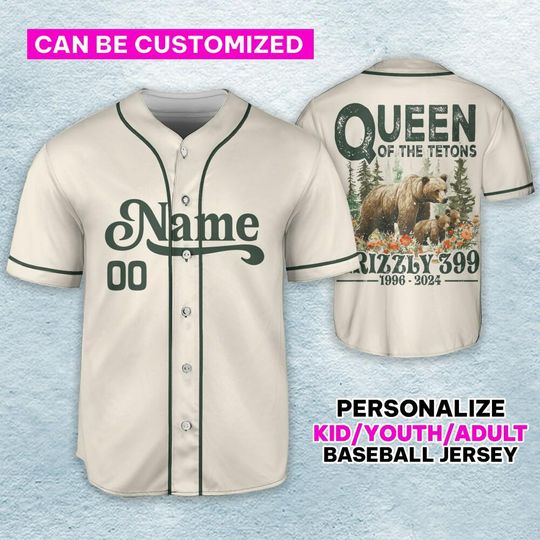 Personalize Queen Of The Tetons 1996 - 2024 Grizzly 399 Vintage Baseball Jersey, National Park Famous Grizzly 399 Cub Mom Jersey Gift