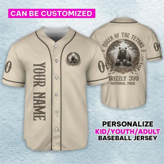 Personalize Queen Of The Tetons 1996 - 2024 Grizzly 399 National Park Baseball Jersey, National Park Famous Grizzly 399 Cub Mom Jersey Gift