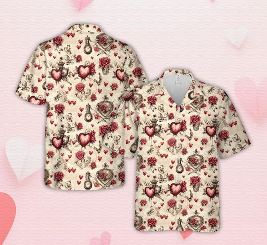 Valentine's Day Hawaiian Shirt, Vintage Red Roses & Clocks Valentines Hawaiian Shirt