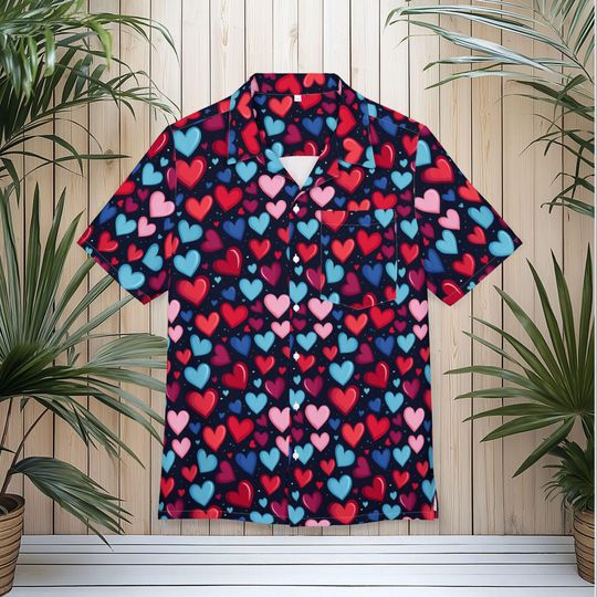 Graphic Bold Bright Colorful Vibrant Valentine Hawaii Shirt, Vacation Summer Fun Vibe, His Her Partner Gift