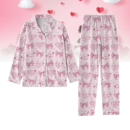 Valentine Coquette Pajamas Set, Bow Valentine Sleepwear, Pink Bow Pajamas Set, Valentine's Day Gift