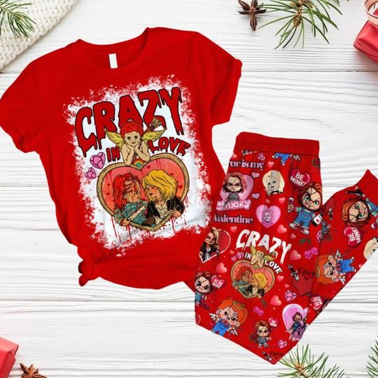 Chucky And Tiffany Together Pajamas, Chucky Valentine Holiday Pajamas, Valentine Gift