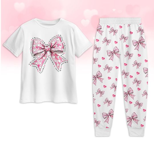 Bow Tie Valentine Pajamas, Coquette Love Pajamas Set, Heart Bow Pj Set For Couple, Pink Bow Sleepwear