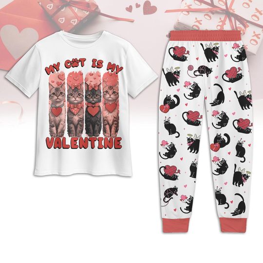 Cat Valentines Pajamas Set, My Cat Is My Valentine Pajamas Set, Black Cat Couple Pajamas Set