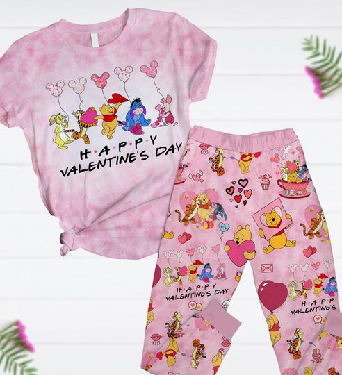 Valentine Winnie The Pooh Pajamas Set, Disney Holiday Pajamas, Pooh Friends Pajamas Set