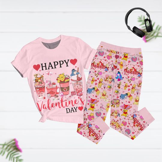 Valentine Winnie The Pooh Pajamas Set, Disney Holiday Pajamas, Pooh Friends Coffee Latte Pajamas Set